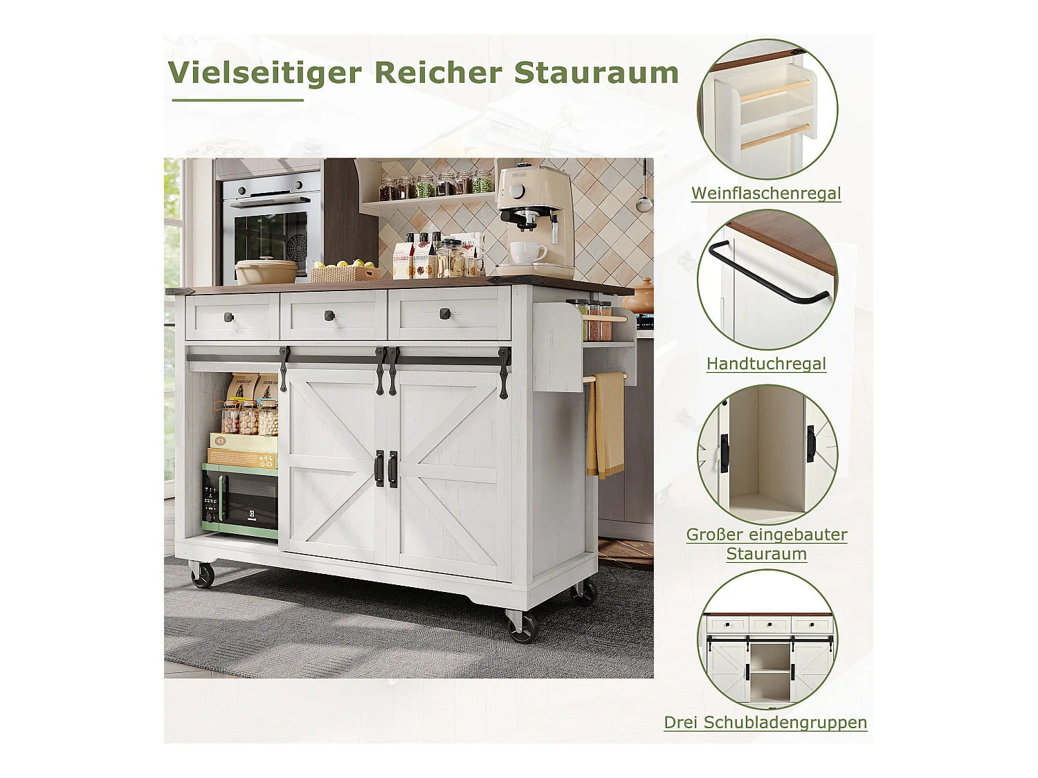 Îlot de cuisine plan de travail extensible, chariot service roulettes, MDF beige bois, portes coulissantes, 3 tiroirs (140x45x94 cm)