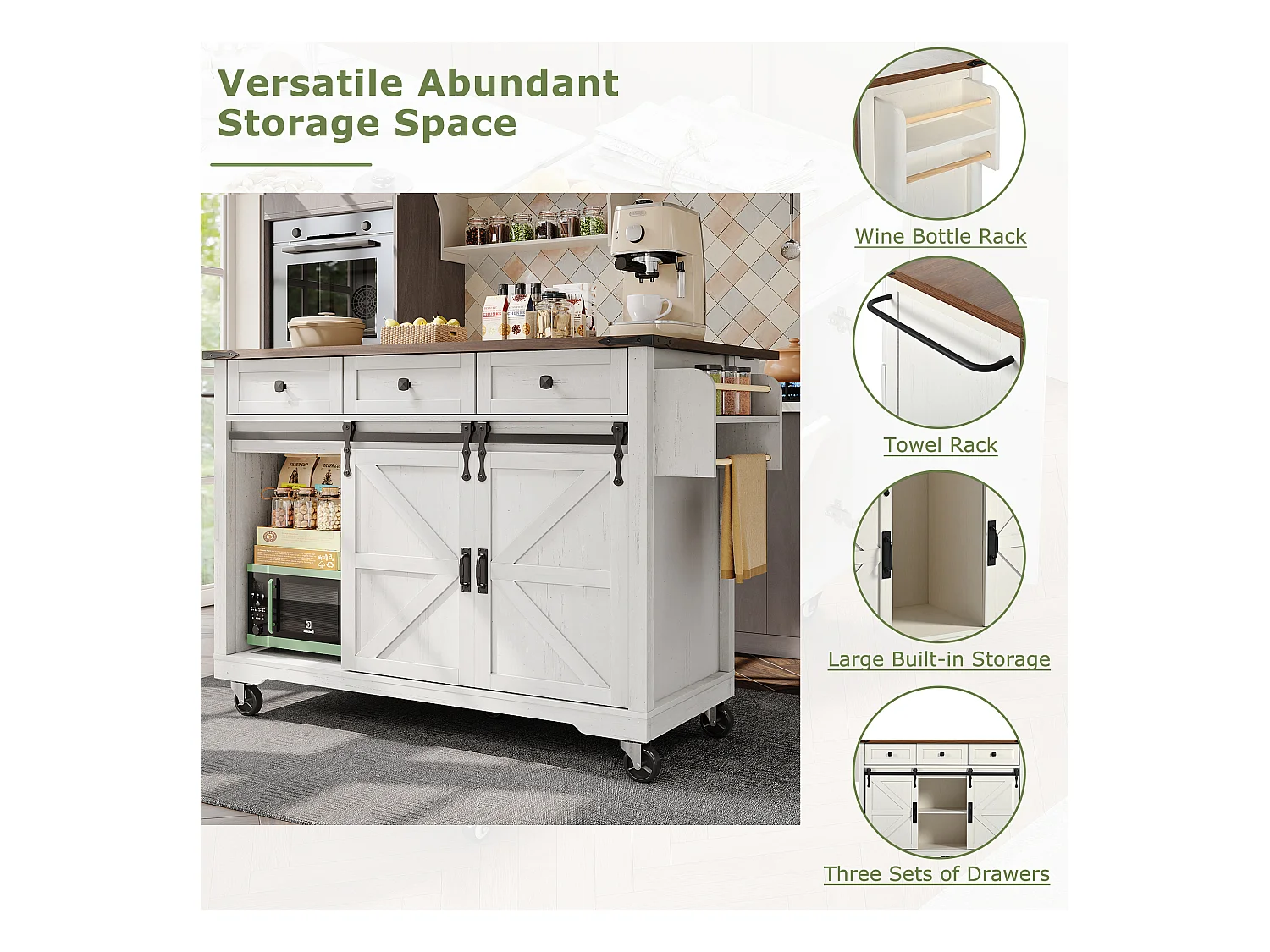 Îlot de cuisine plan de travail extensible, chariot service roulettes, MDF beige bois, portes coulissantes, 3 tiroirs (140x45x94 cm)