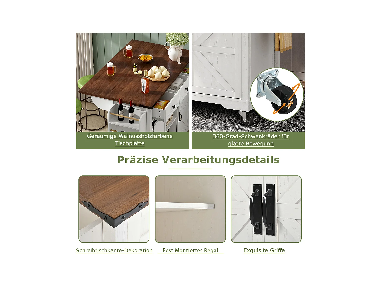 Îlot de cuisine plan de travail extensible, chariot service roulettes, MDF beige bois, portes coulissantes, 3 tiroirs (140x45x94 cm)
