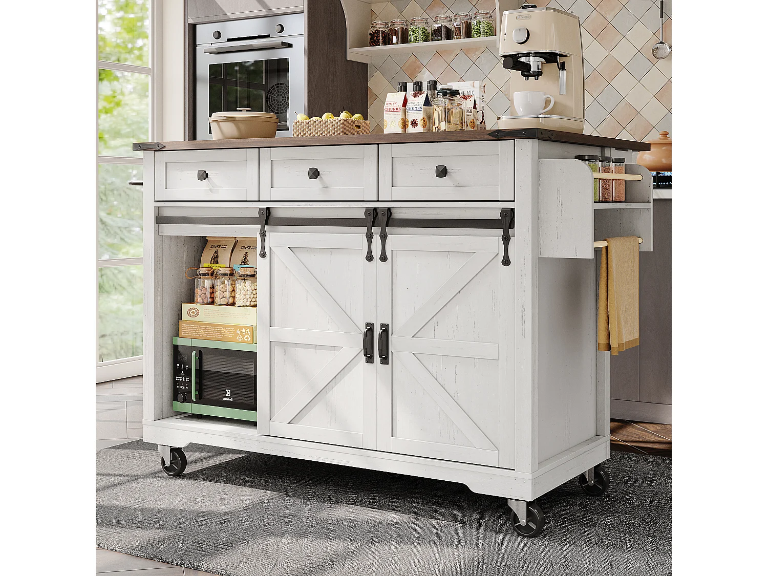 Îlot de cuisine plan de travail extensible, chariot service roulettes, MDF beige bois, portes coulissantes, 3 tiroirs (140x45x94 cm)