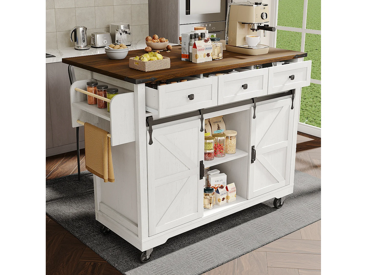 Îlot de cuisine plan de travail extensible, chariot service roulettes, MDF beige bois, portes coulissantes, 3 tiroirs (140x45x94 cm)