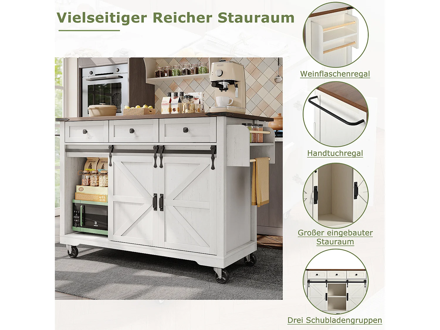 Îlot de cuisine plan de travail extensible, chariot service roulettes, MDF beige bois, portes coulissantes, 3 tiroirs (140x45x94 cm)