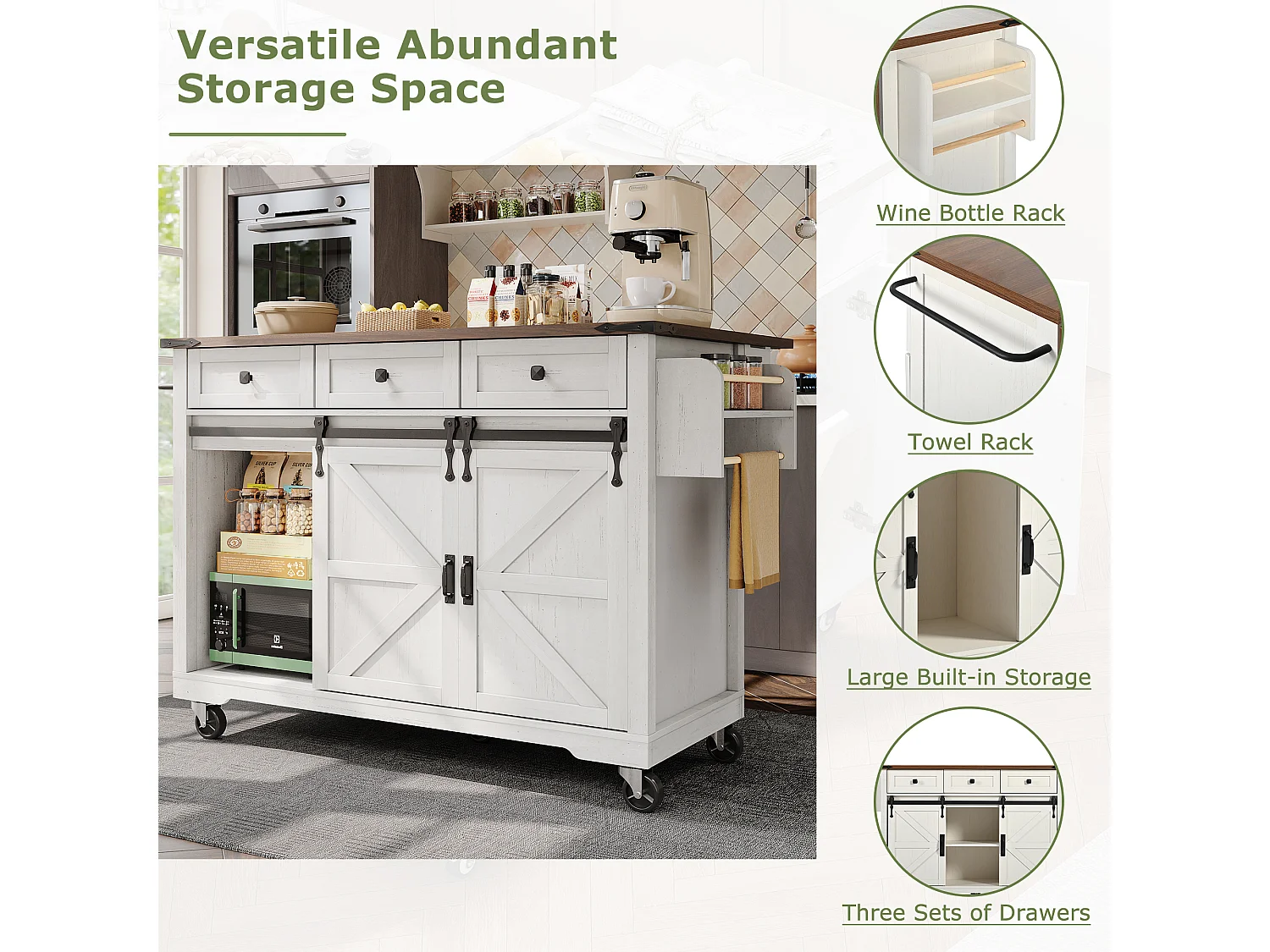 Îlot de cuisine plan de travail extensible, chariot service roulettes, MDF beige bois, portes coulissantes, 3 tiroirs (140x45x94 cm)