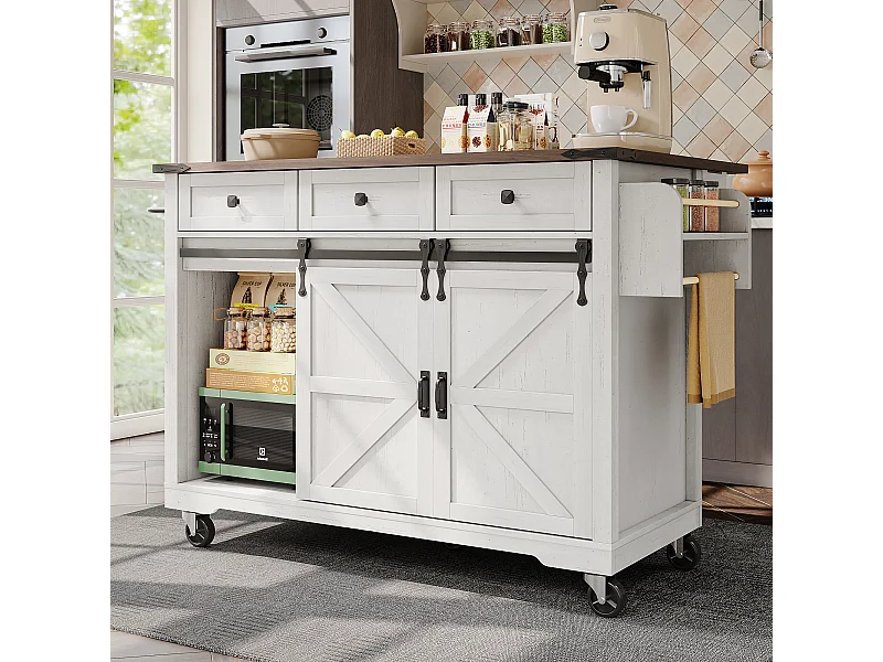 Îlot de cuisine plan de travail extensible, chariot service roulettes, MDF beige bois, portes coulissantes, 3 tiroirs (140x45x94 cm)