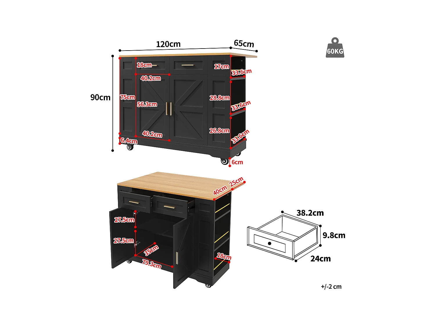 Îlot de cuisine multifonction, meuble de rangement avec table extensible, MDF, noir (120x65x90 cm)