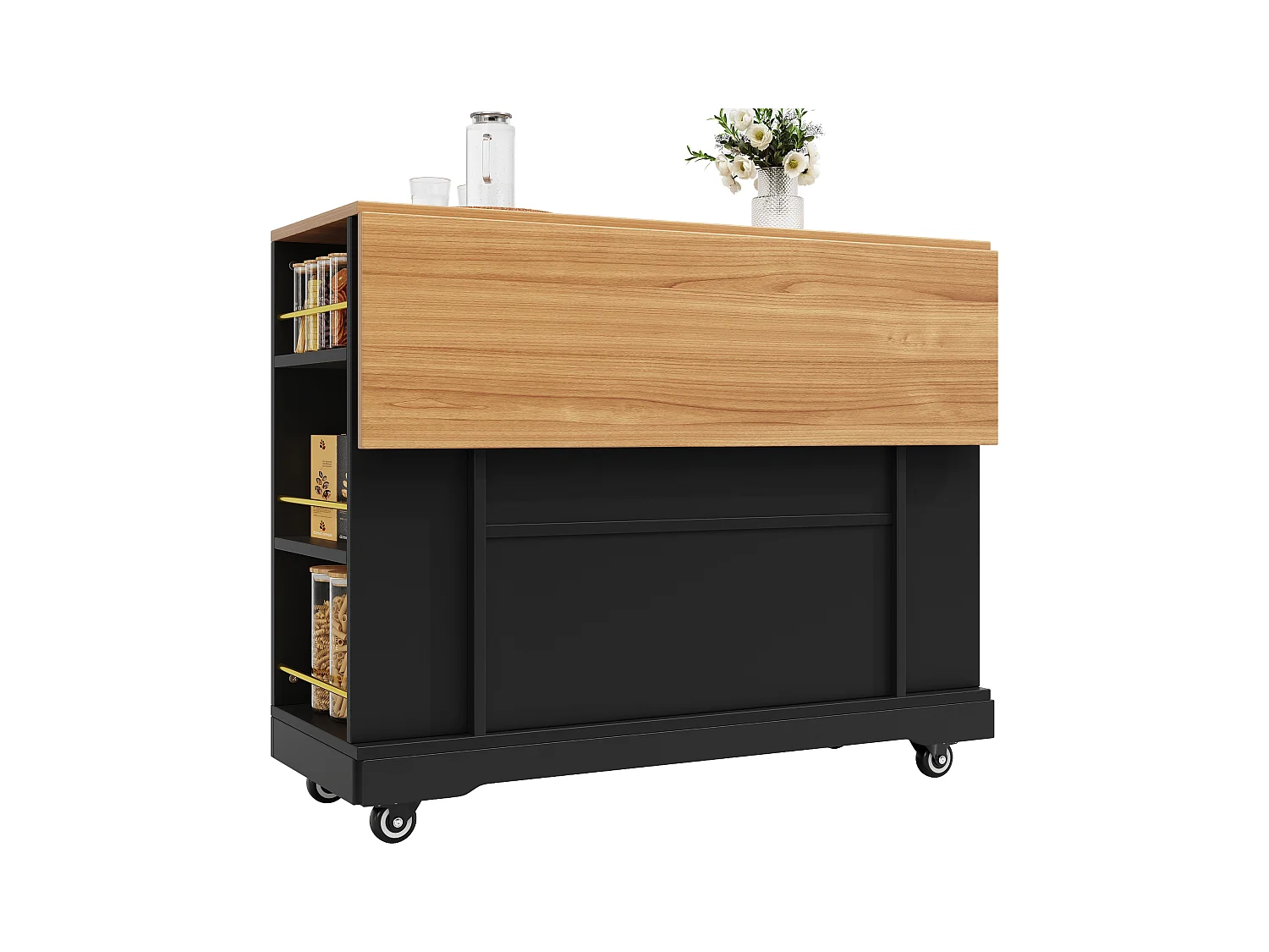 Îlot de cuisine multifonction, meuble de rangement avec table extensible, MDF, noir (120x65x90 cm)