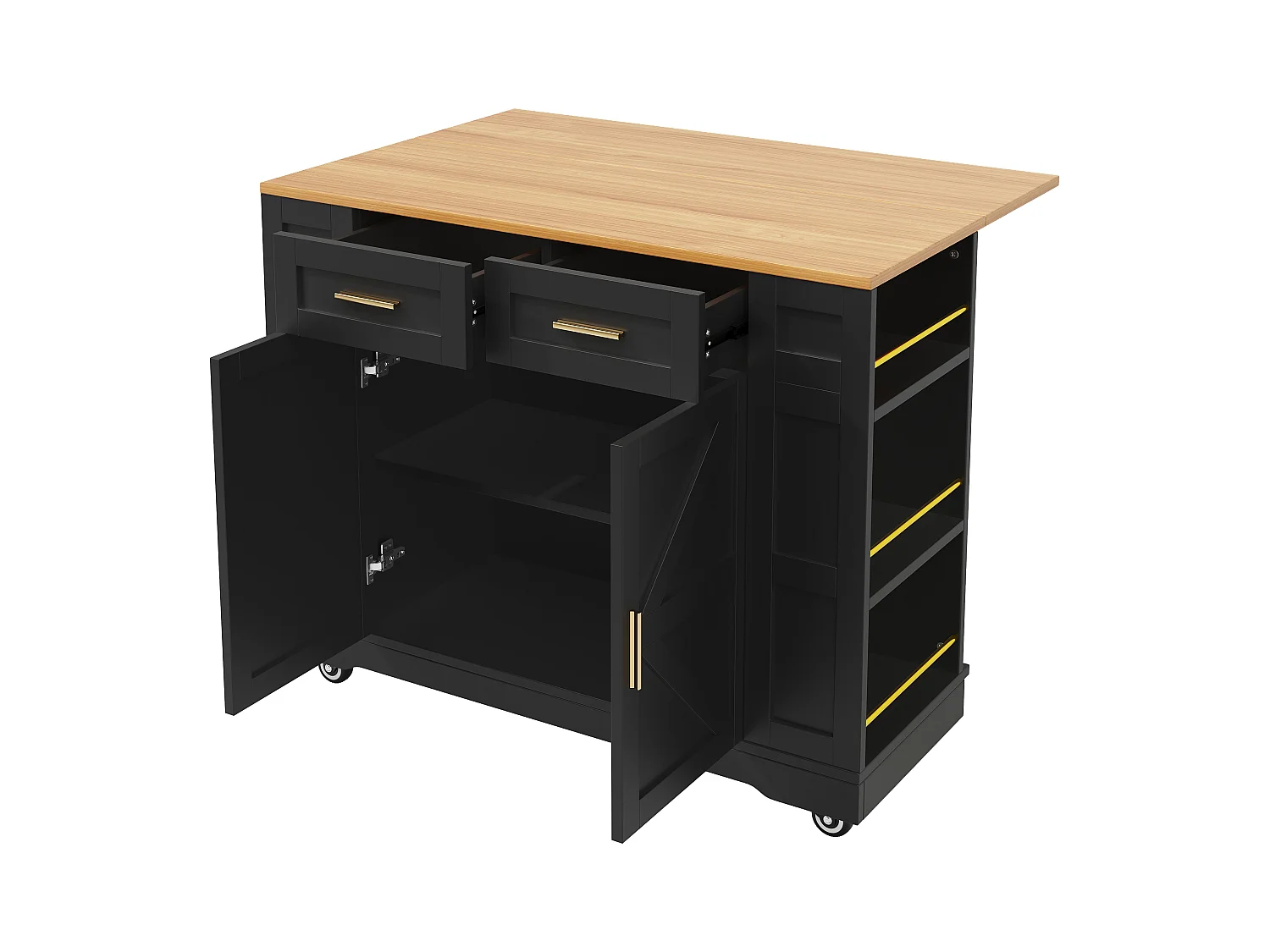 Îlot de cuisine multifonction, meuble de rangement avec table extensible, MDF, noir (120x65x90 cm)