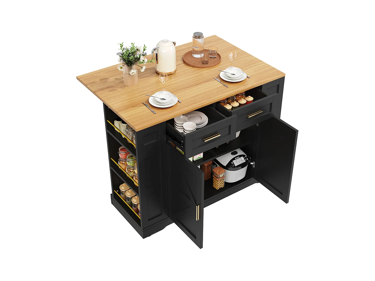 Îlot de cuisine multifonction, meuble de rangement avec table extensible, MDF, noir (120x65x90 cm)