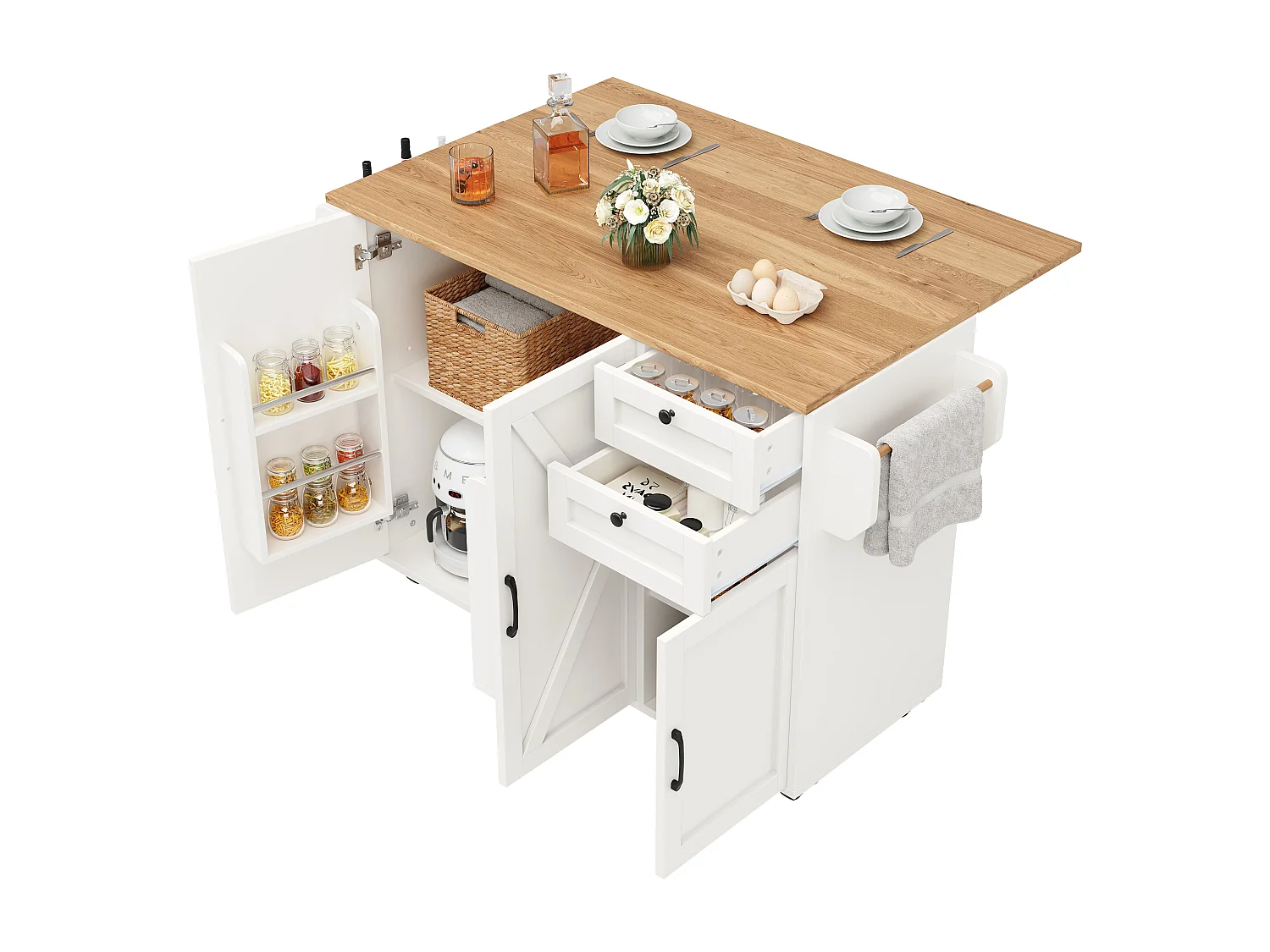 Îlot de cuisine avec surface extensible, meuble de rangement multifonctionnel, MDF, blanc, 120x43.2x92 cm