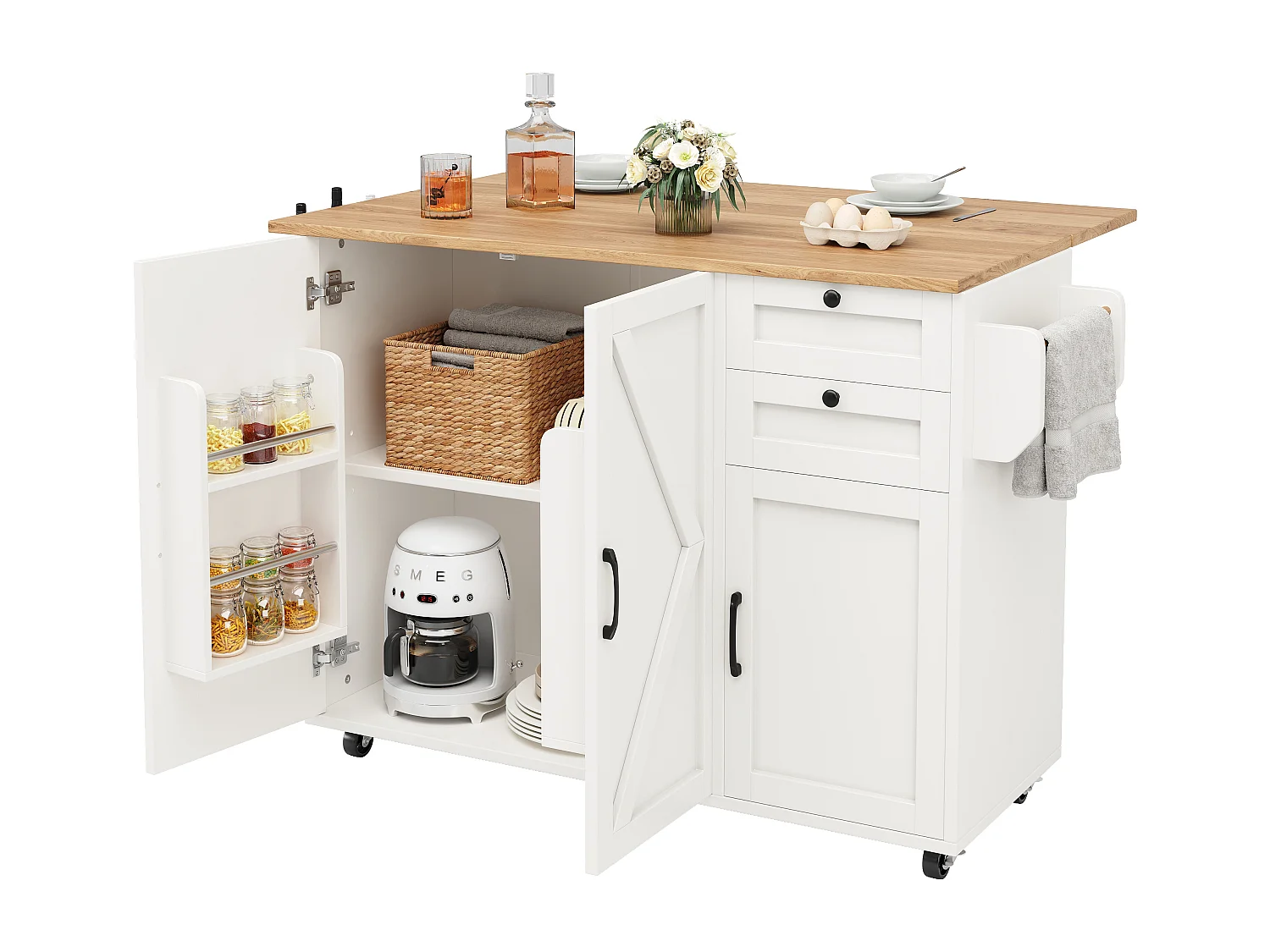 Îlot de cuisine avec surface extensible, meuble de rangement multifonctionnel, MDF, blanc, 120x43.2x92 cm