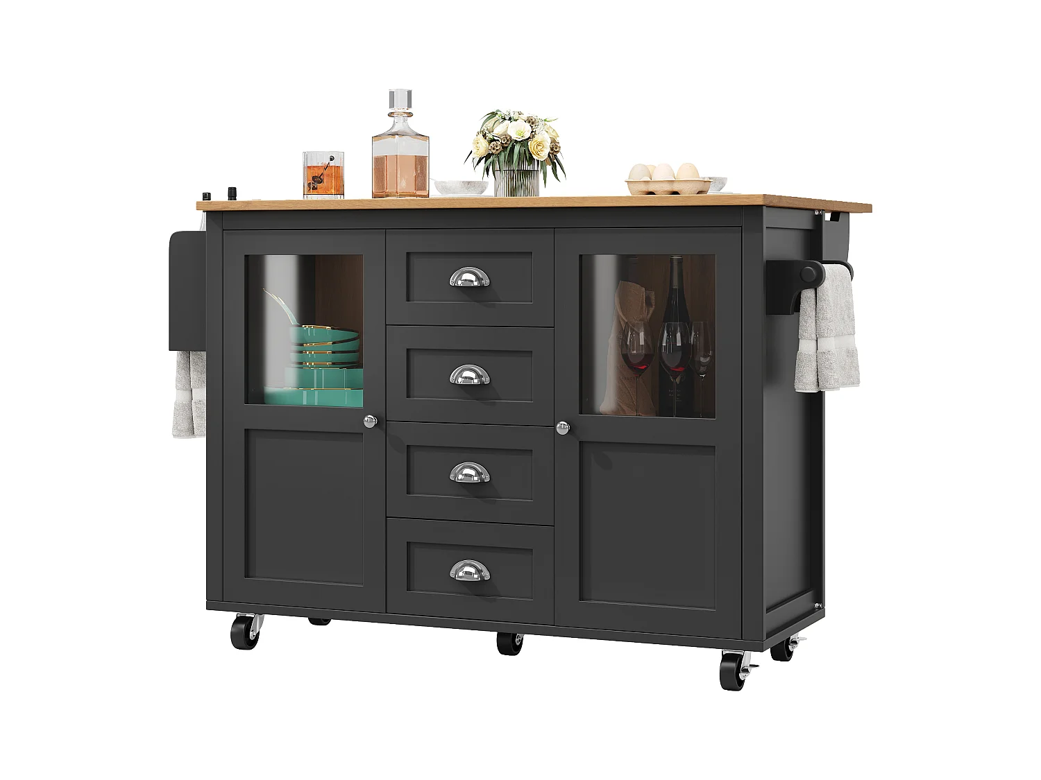 Îlot de cuisine avec table rabattable, rangement avec roulettes, MDF et métal, blanc et noir (137.9x73x92.5 cm)