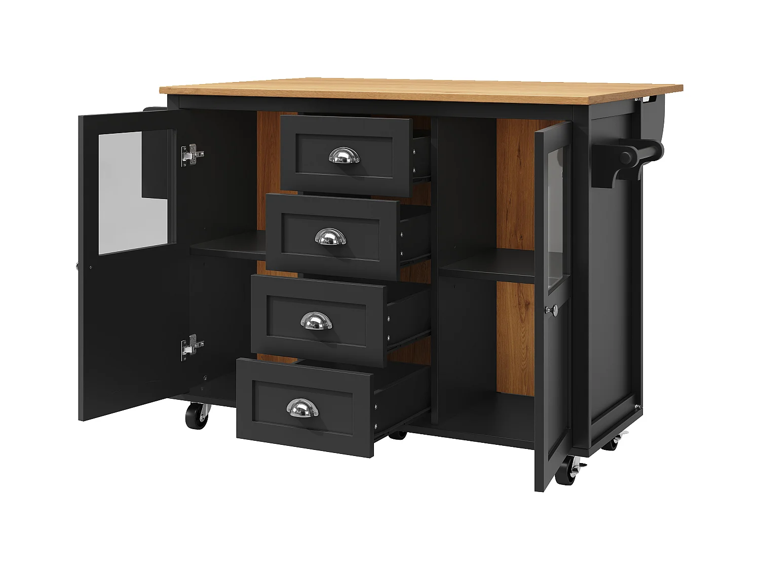 Îlot de cuisine avec table rabattable, rangement avec roulettes, MDF et métal, blanc et noir (137.9x73x92.5 cm)