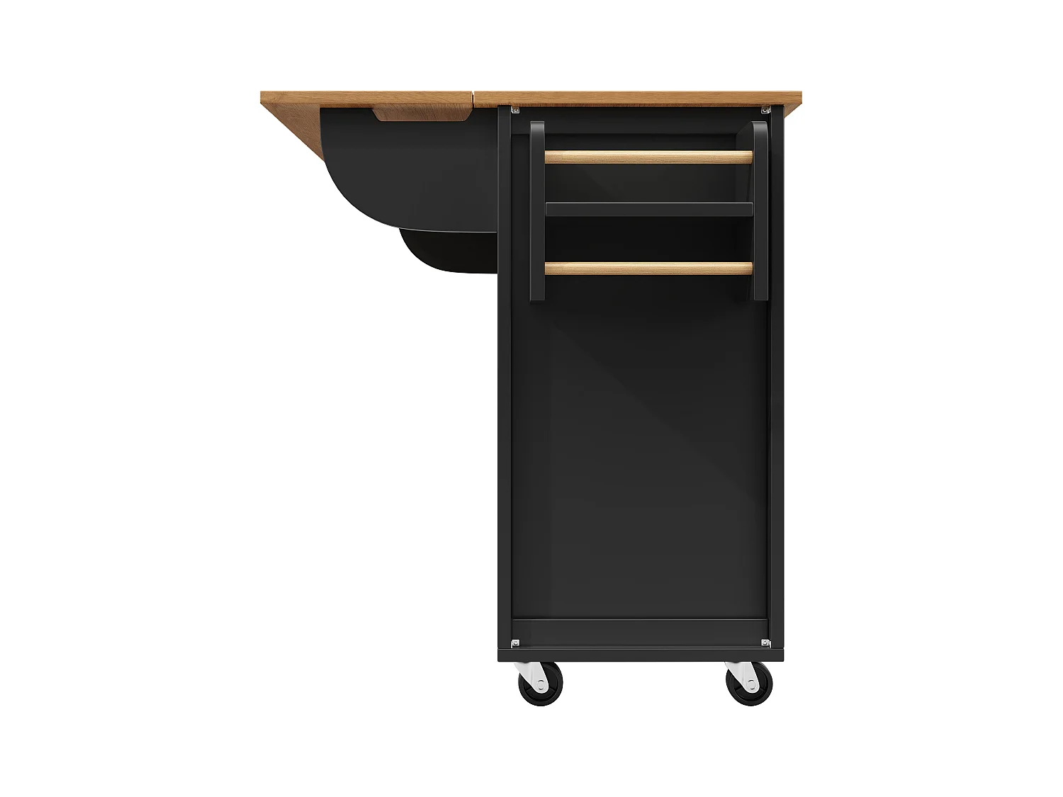 Îlot de cuisine avec table rabattable, rangement avec roulettes, MDF et métal, blanc et noir (137.9x73x92.5 cm)