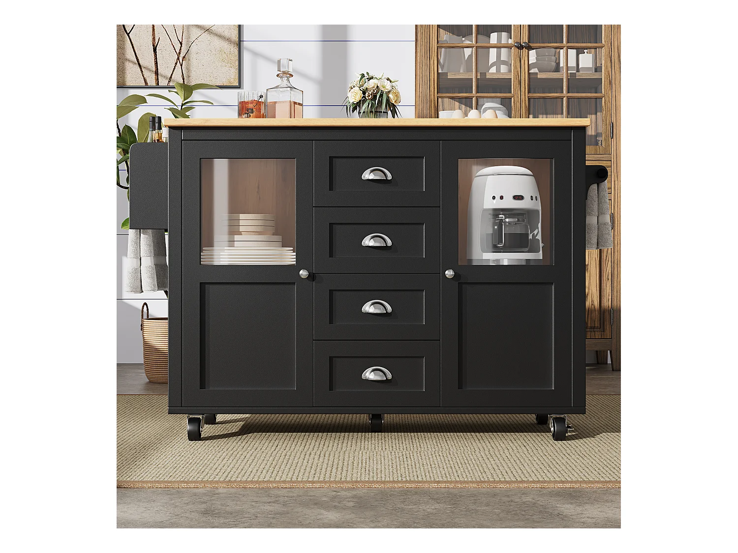 Îlot de cuisine avec table rabattable, rangement avec roulettes, MDF et métal, blanc et noir (137.9x73x92.5 cm)