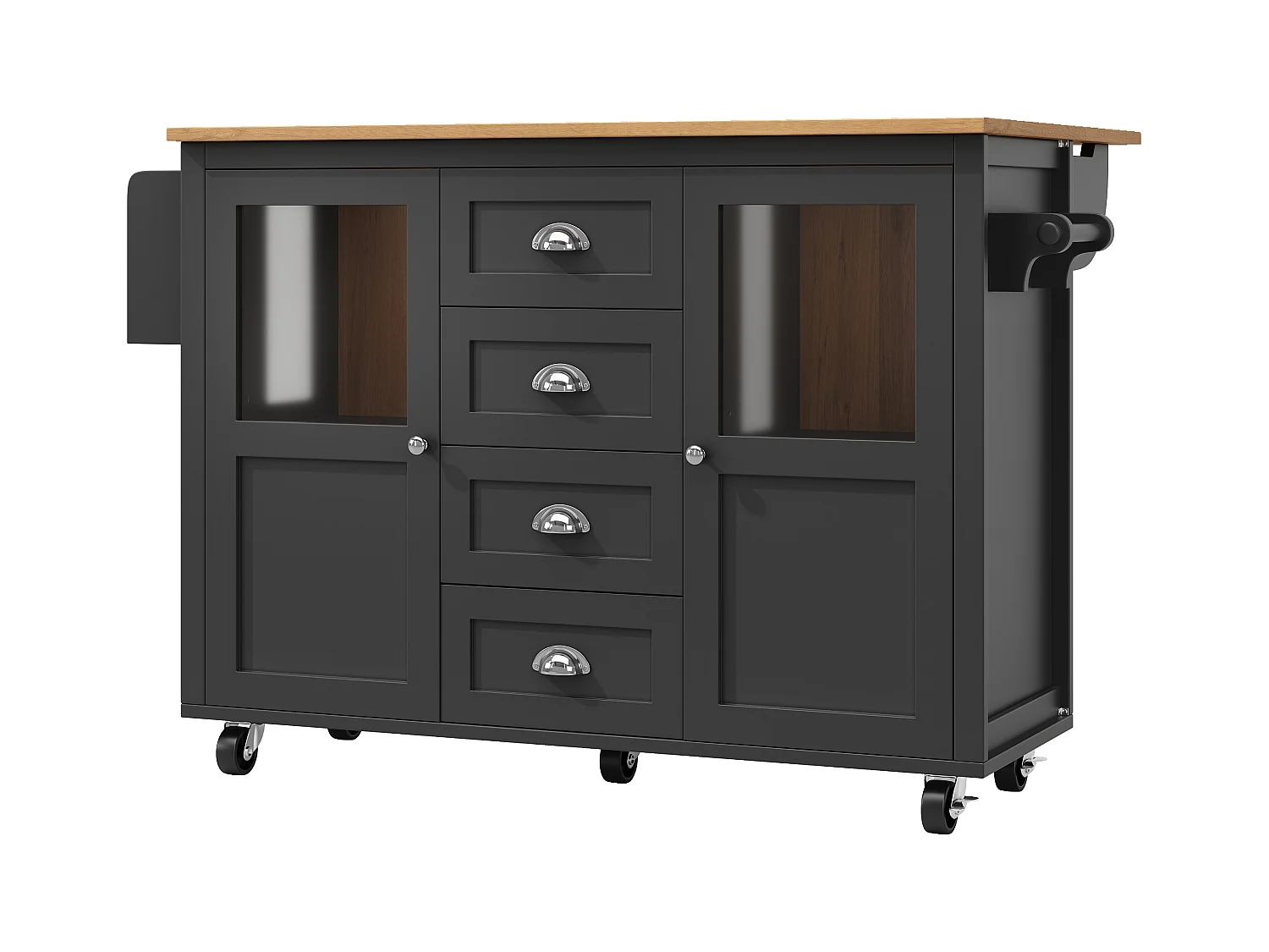Îlot de cuisine avec table rabattable, rangement avec roulettes, MDF et métal, blanc et noir (137.9x73x92.5 cm)