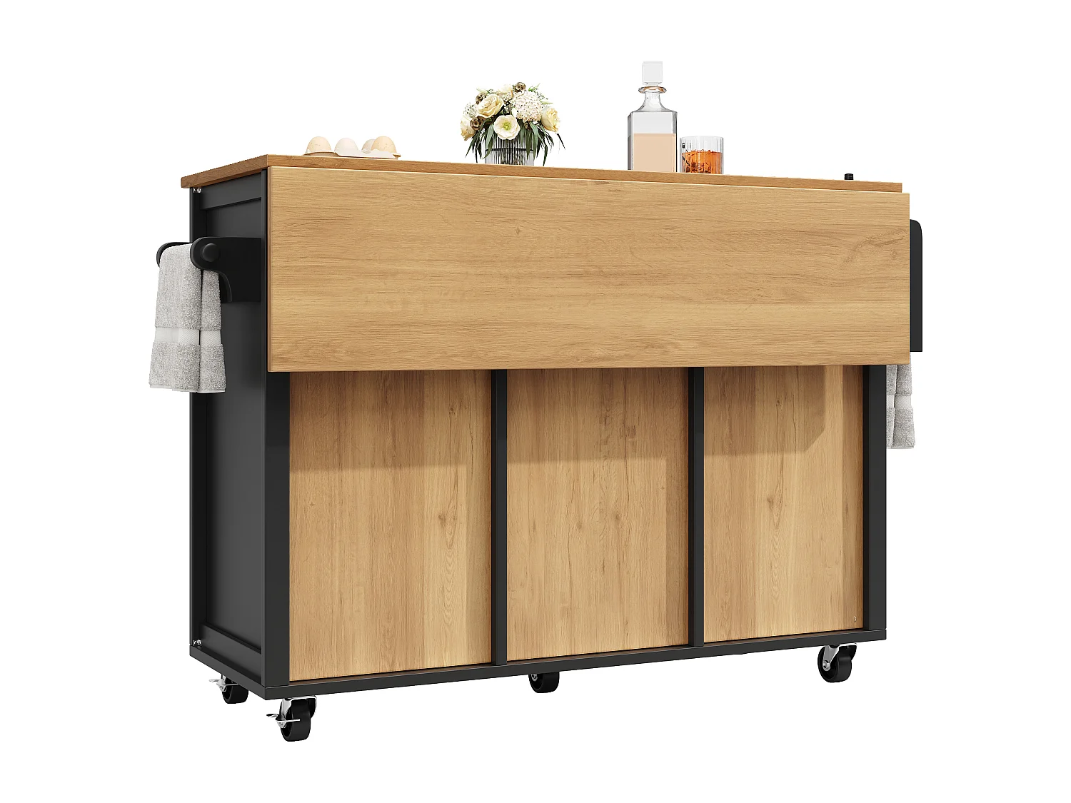 Îlot de cuisine avec table rabattable, rangement avec roulettes, MDF et métal, blanc et noir (137.9x73x92.5 cm)