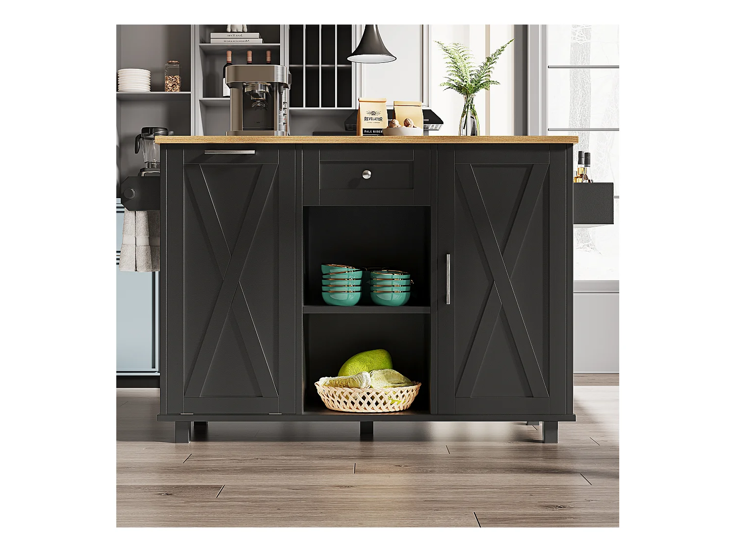 Îlot de cuisine multifonction, meuble de rangement, avec étagères et roulettes, MDF, noir (142x63x87 cm)