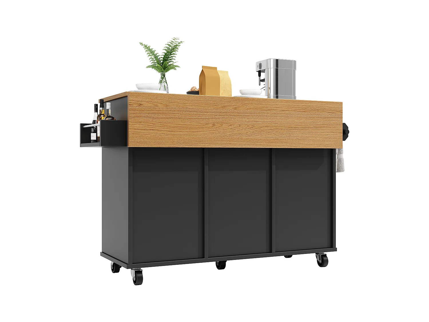 Îlot de cuisine multifonction, meuble de rangement, avec étagères et roulettes, MDF, noir (142x63x87 cm)