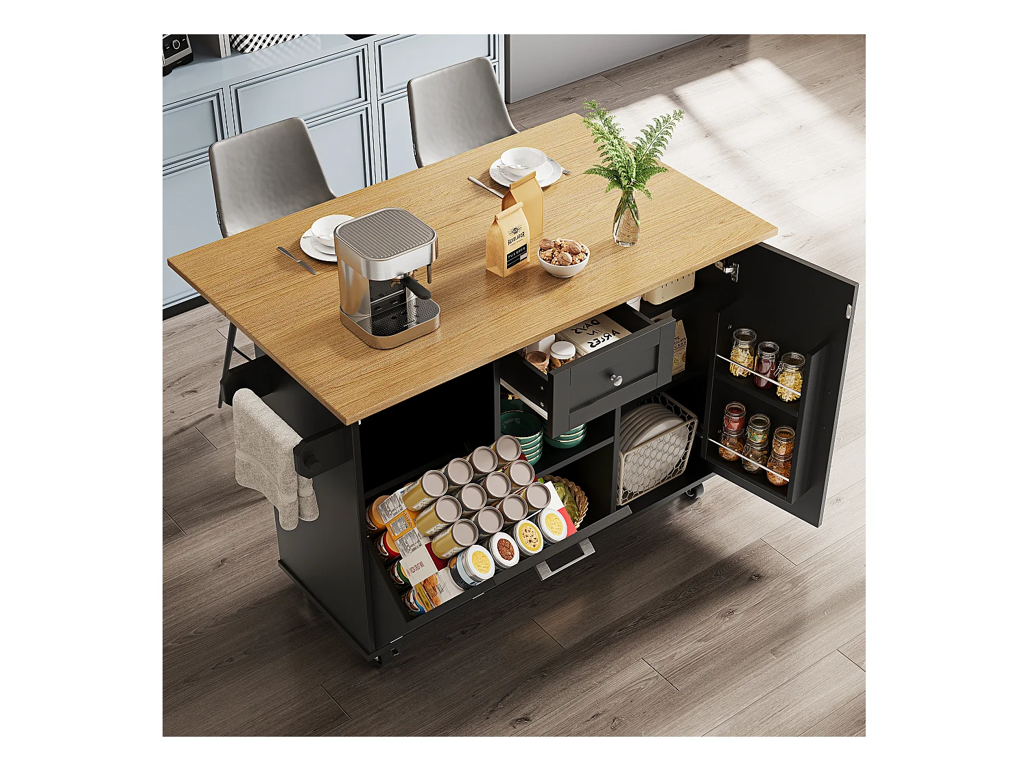 Multifunctioneel kookeiland, opbergmeubel, met planken en wielen, MDF, zwart (142x63x87 cm)