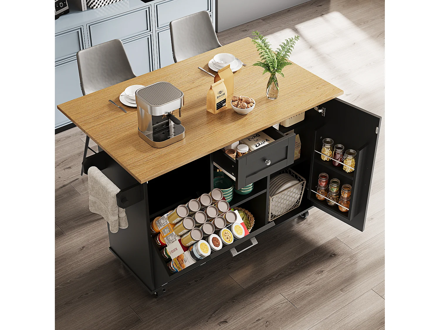 Îlot de cuisine multifonction, meuble de rangement, avec étagères et roulettes, MDF, noir (142x63x87 cm)