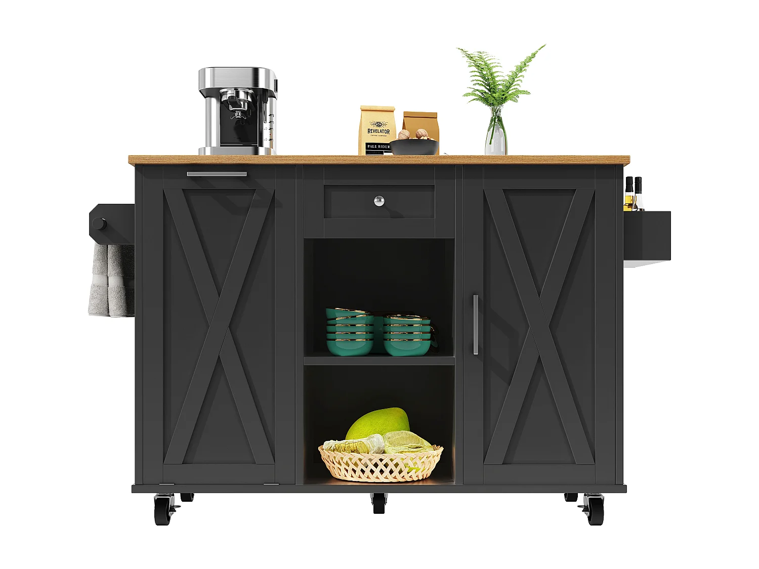 Îlot de cuisine multifonction, meuble de rangement, avec étagères et roulettes, MDF, noir (142x63x87 cm)