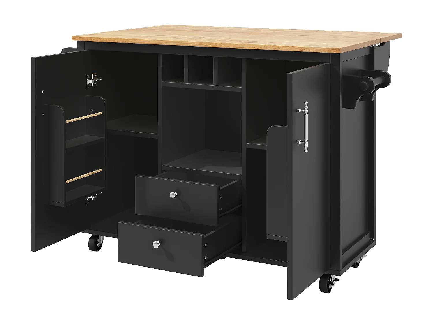 Îlot de cuisine avec rangement, table rabattable, MDF et métal, blanc et noir (137.9x73x92.5 cm)