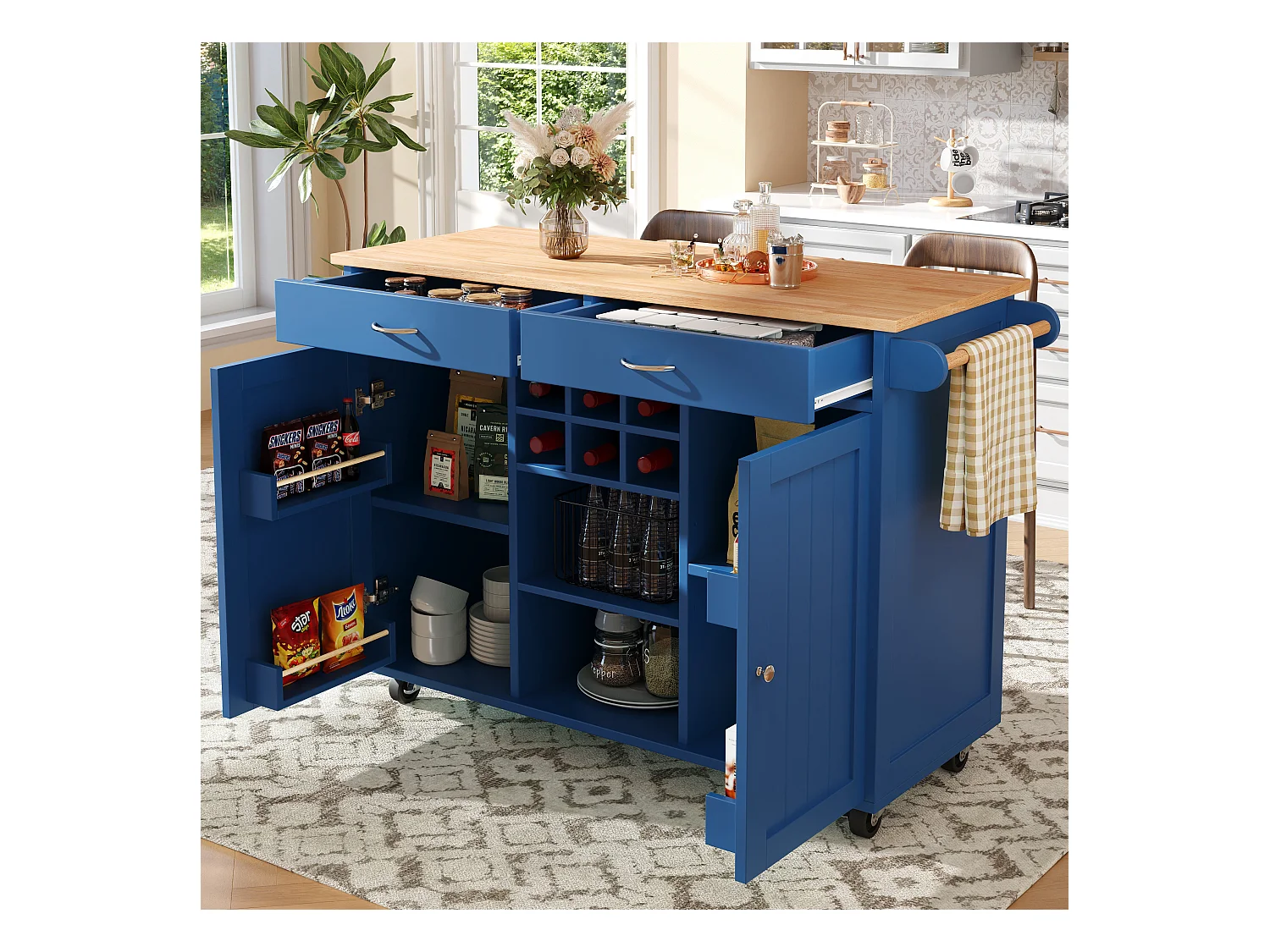 Îlot de cuisine multifonction avec plan de travail, rangement flexible et porte-serviettes latéral, bois naturel, bleu (102x45x92 cm)