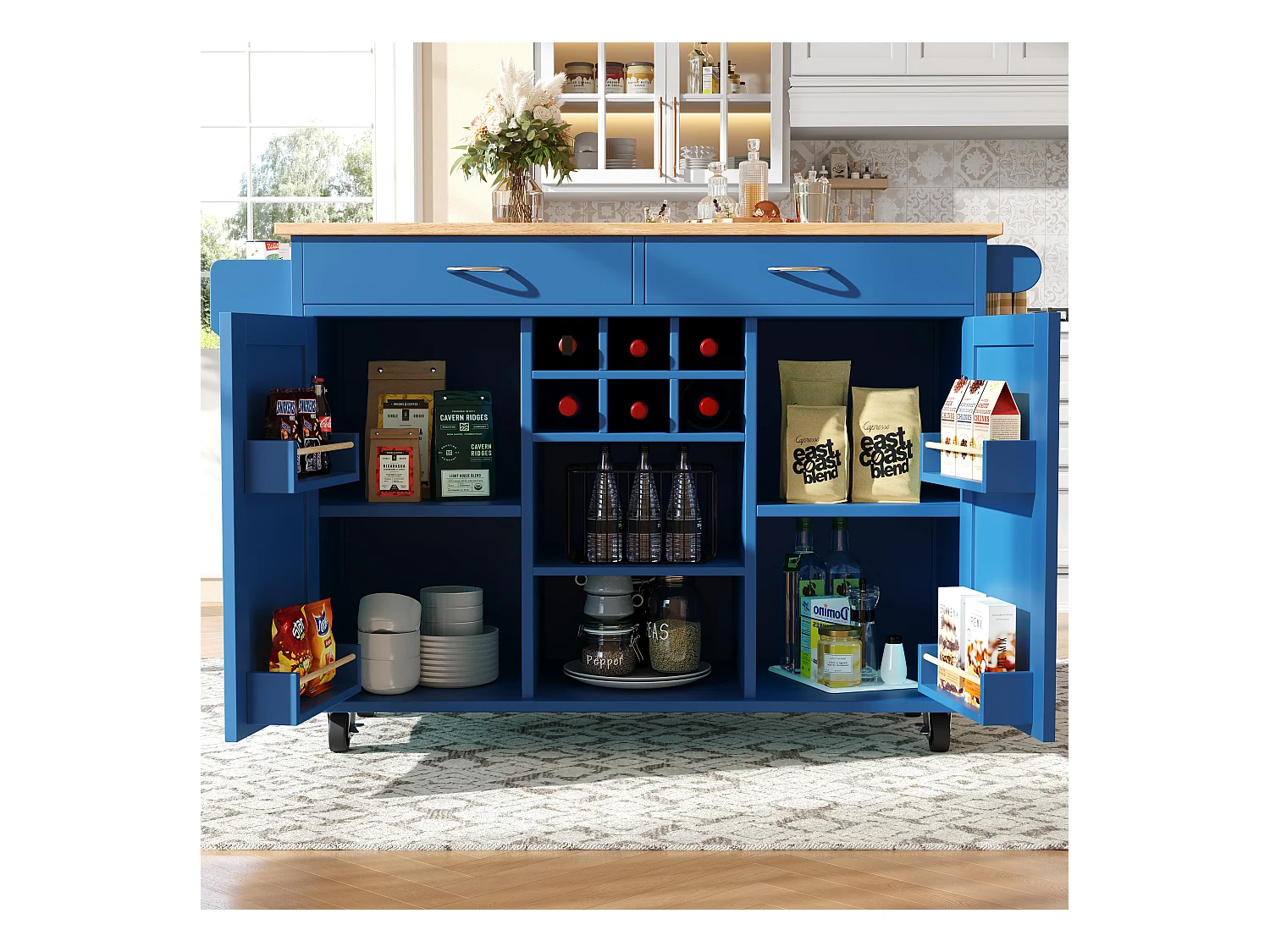 Îlot de cuisine multifonction avec plan de travail, rangement flexible et porte-serviettes latéral, bois naturel, bleu (102x45x92 cm)