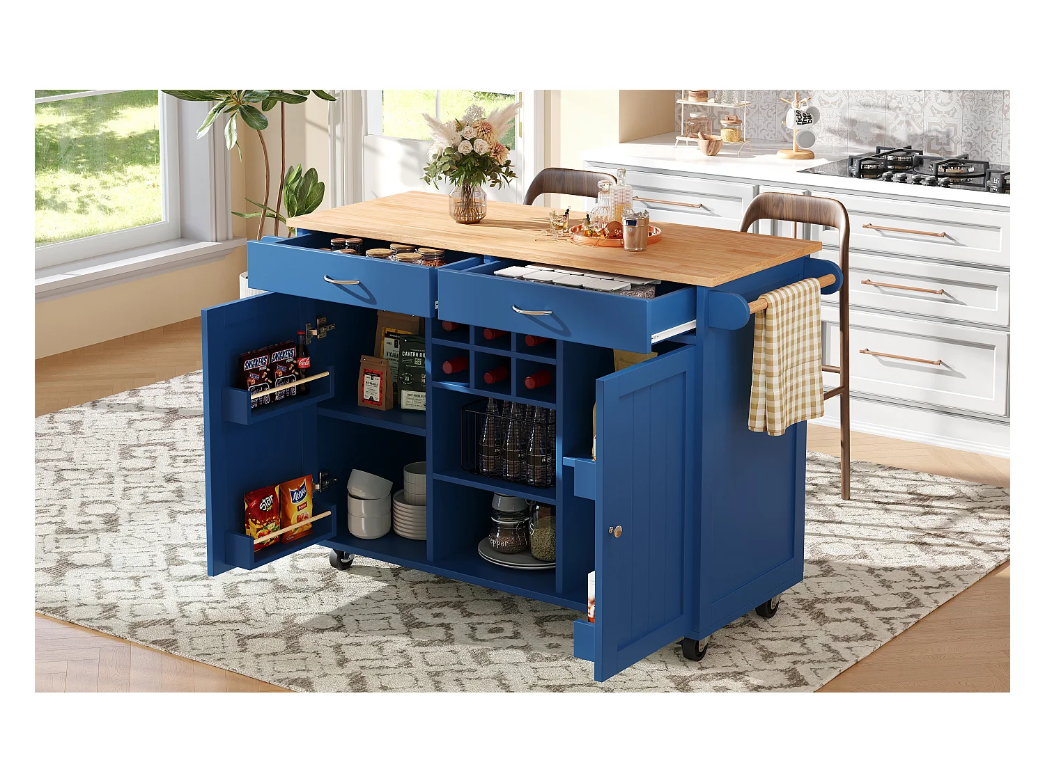 Îlot de cuisine multifonction avec plan de travail, rangement flexible et porte-serviettes latéral, bois naturel, bleu (102x45x92 cm)