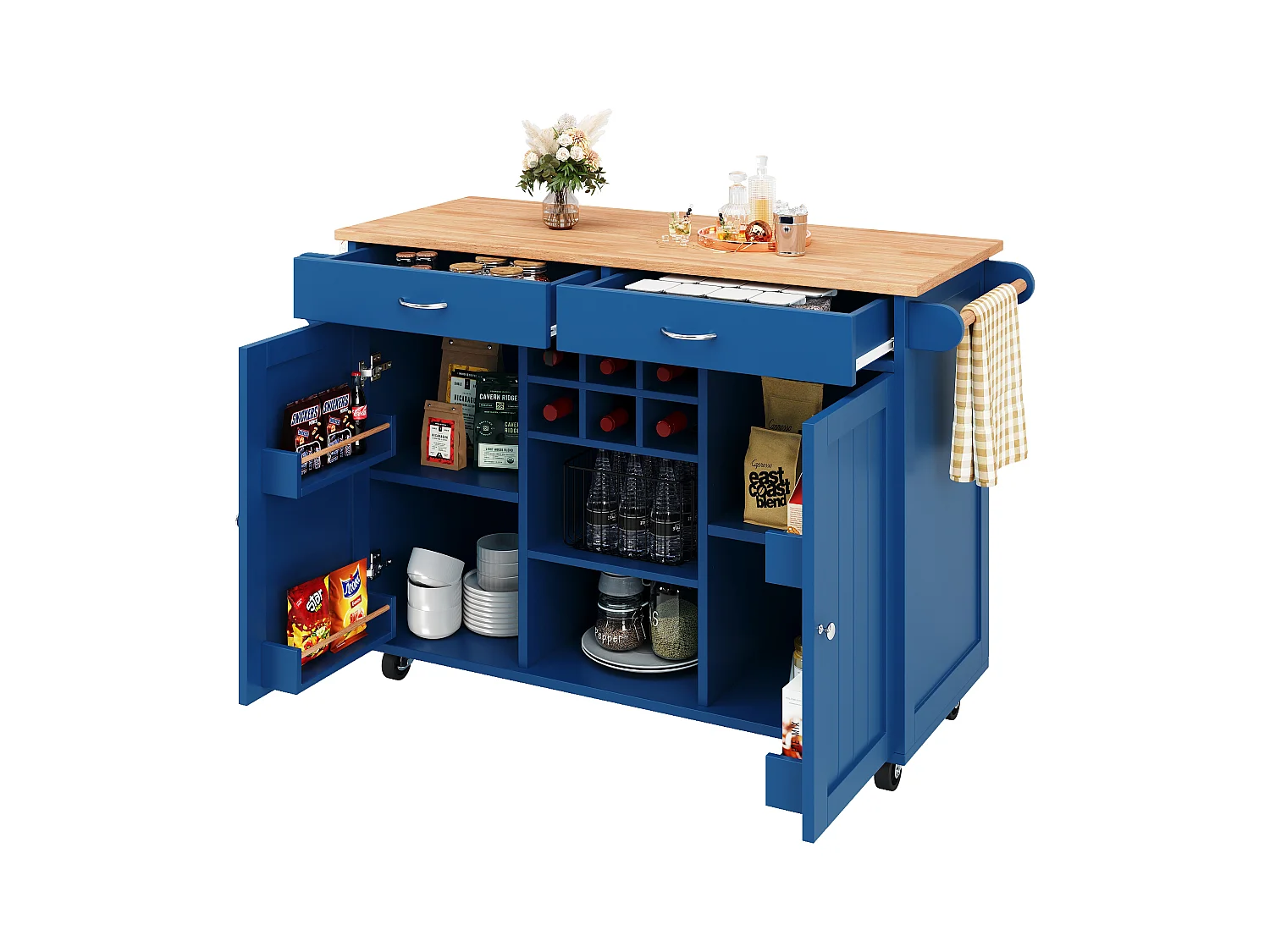 Îlot de cuisine multifonction avec plan de travail, rangement flexible et porte-serviettes latéral, bois naturel, bleu (102x45x92 cm)
