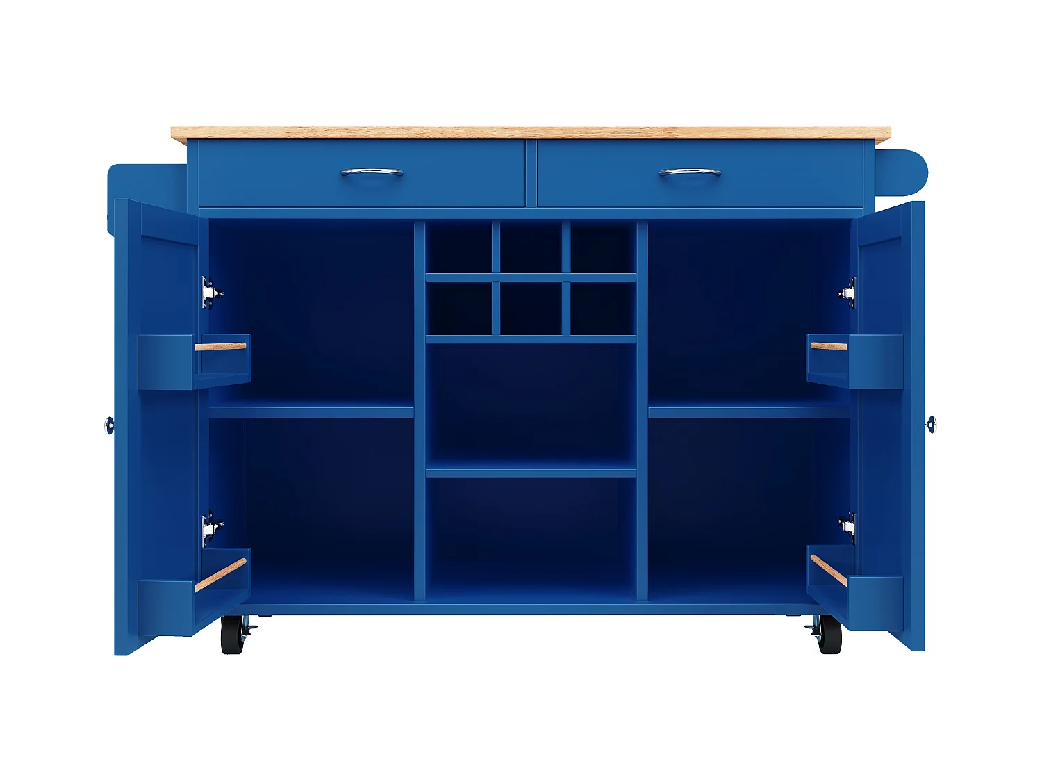 Îlot de cuisine multifonction avec plan de travail, rangement flexible et porte-serviettes latéral, bois naturel, bleu (102x45x92 cm)