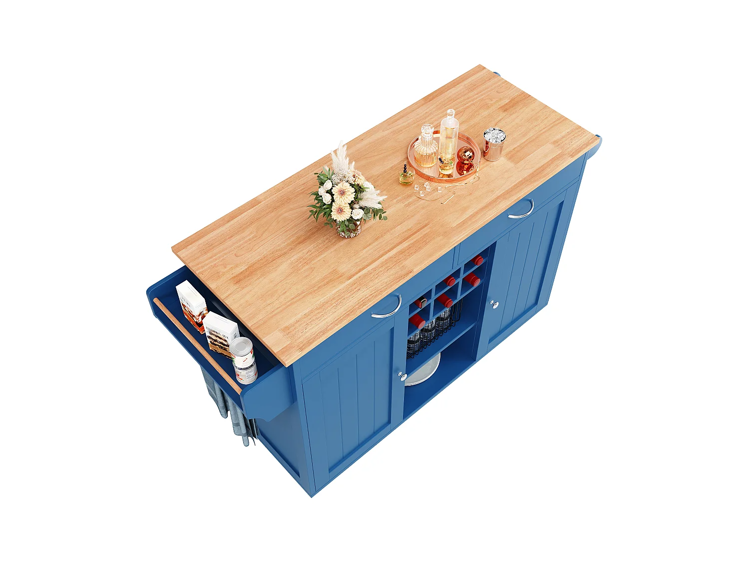 Îlot de cuisine multifonction avec plan de travail, rangement flexible et porte-serviettes latéral, bois naturel, bleu (102x45x92 cm)