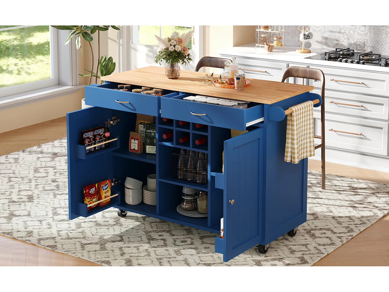 Îlot de cuisine multifonction avec plan de travail, rangement flexible et porte-serviettes latéral, bois naturel, bleu (102x45x92 cm)