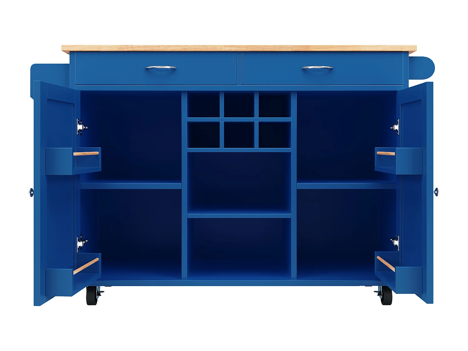 Îlot de cuisine multifonction avec plan de travail, rangement flexible et porte-serviettes latéral, bois naturel, bleu (102x45x92 cm)