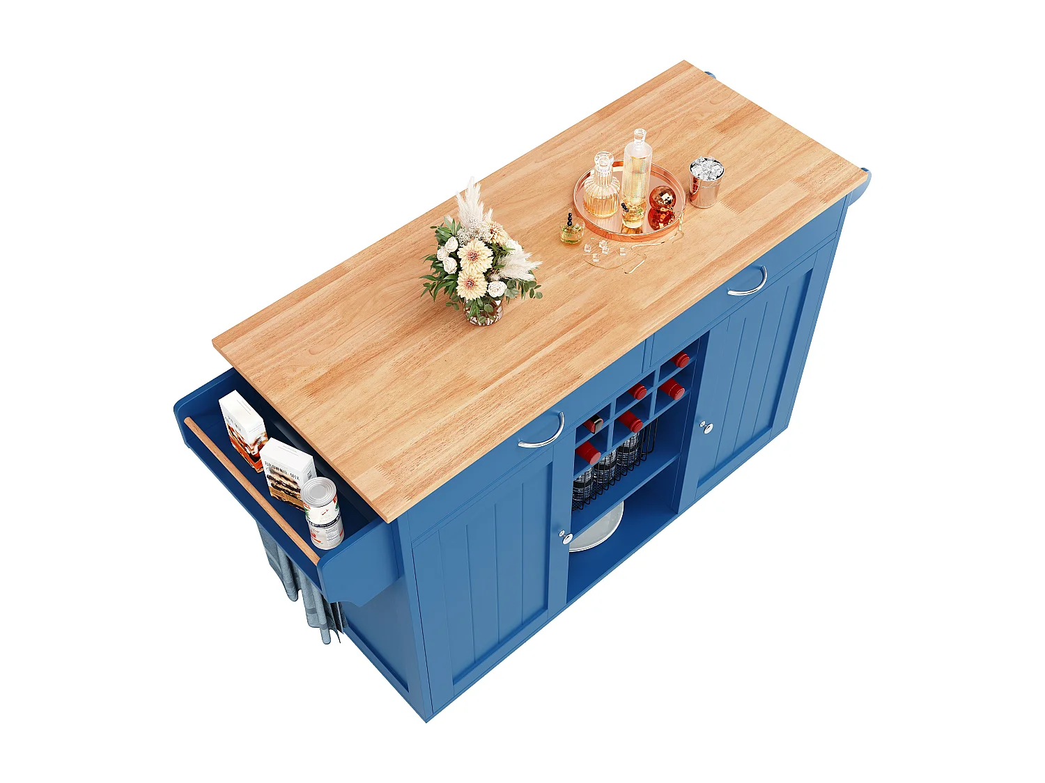 Îlot de cuisine multifonction avec plan de travail, rangement flexible et porte-serviettes latéral, bois naturel, bleu (102x45x92 cm)