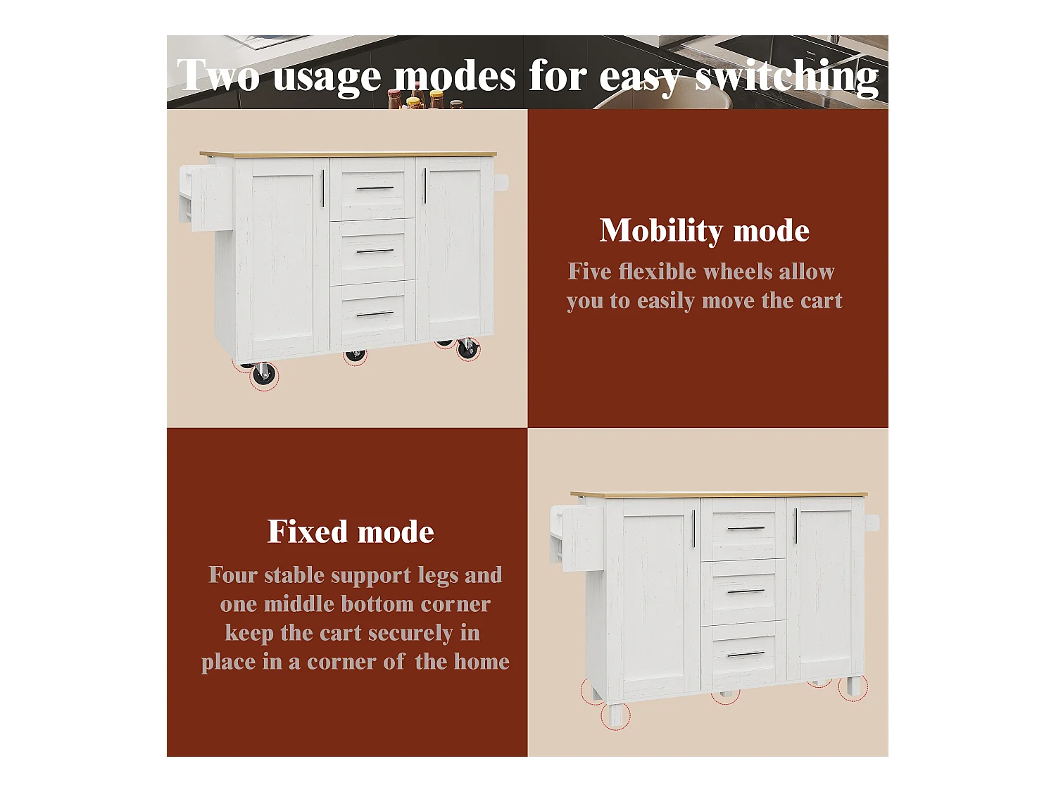 Îlot de cuisine avec plan de travail, compartiments réglables, roulettes amovibles, porte-serviettes latéral, bois naturel, blanc (135x46x86.6 cm)
