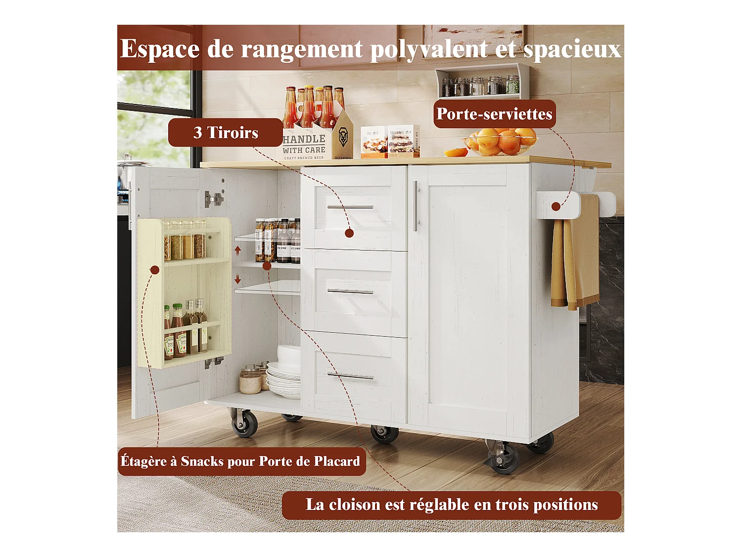 Îlot de cuisine avec plan de travail, compartiments réglables, roulettes amovibles, porte-serviettes latéral, bois naturel, blanc (135x46x86.6 cm)