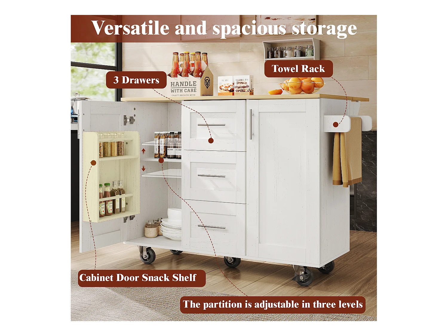 Îlot de cuisine avec plan de travail, compartiments réglables, roulettes amovibles, porte-serviettes latéral, bois naturel, blanc (135x46x86.6 cm)