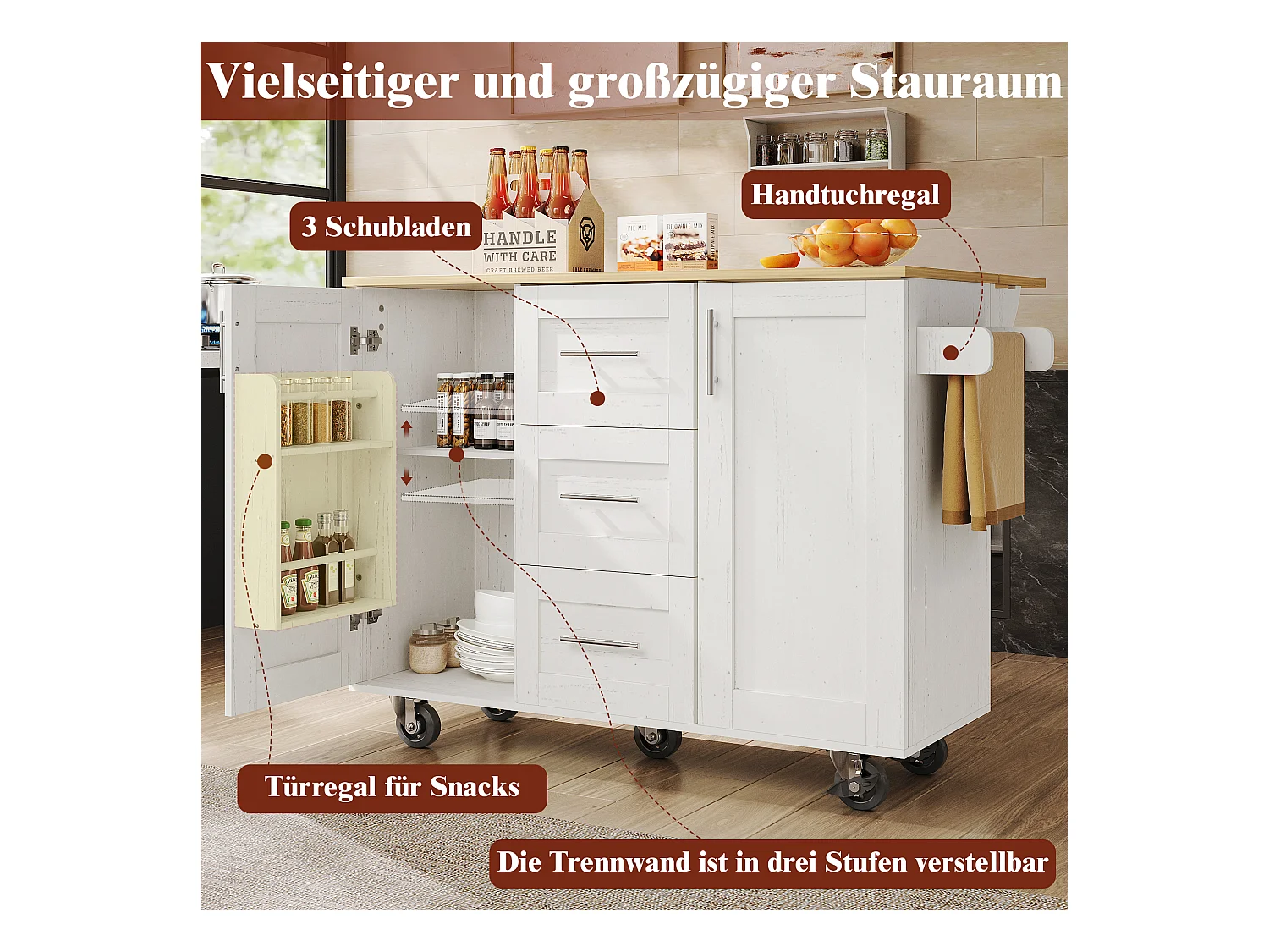 Îlot de cuisine avec plan de travail, compartiments réglables, roulettes amovibles, porte-serviettes latéral, bois naturel, blanc (135x46x86.6 cm)