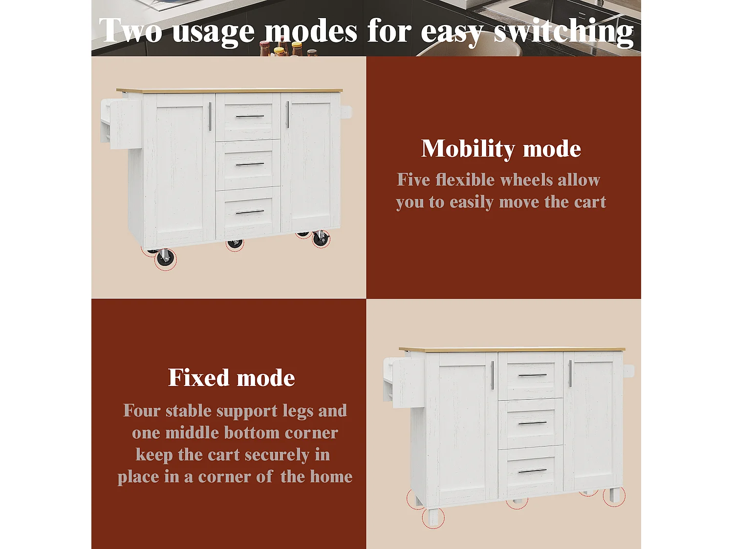 Îlot de cuisine avec plan de travail, compartiments réglables, roulettes amovibles, porte-serviettes latéral, bois naturel, blanc (135x46x86.6 cm)