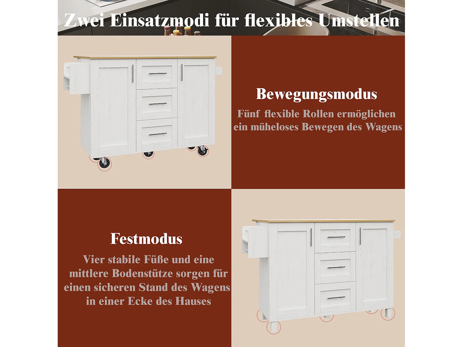 Îlot de cuisine avec plan de travail, compartiments réglables, roulettes amovibles, porte-serviettes latéral, bois naturel, blanc (135x46x86.6 cm)