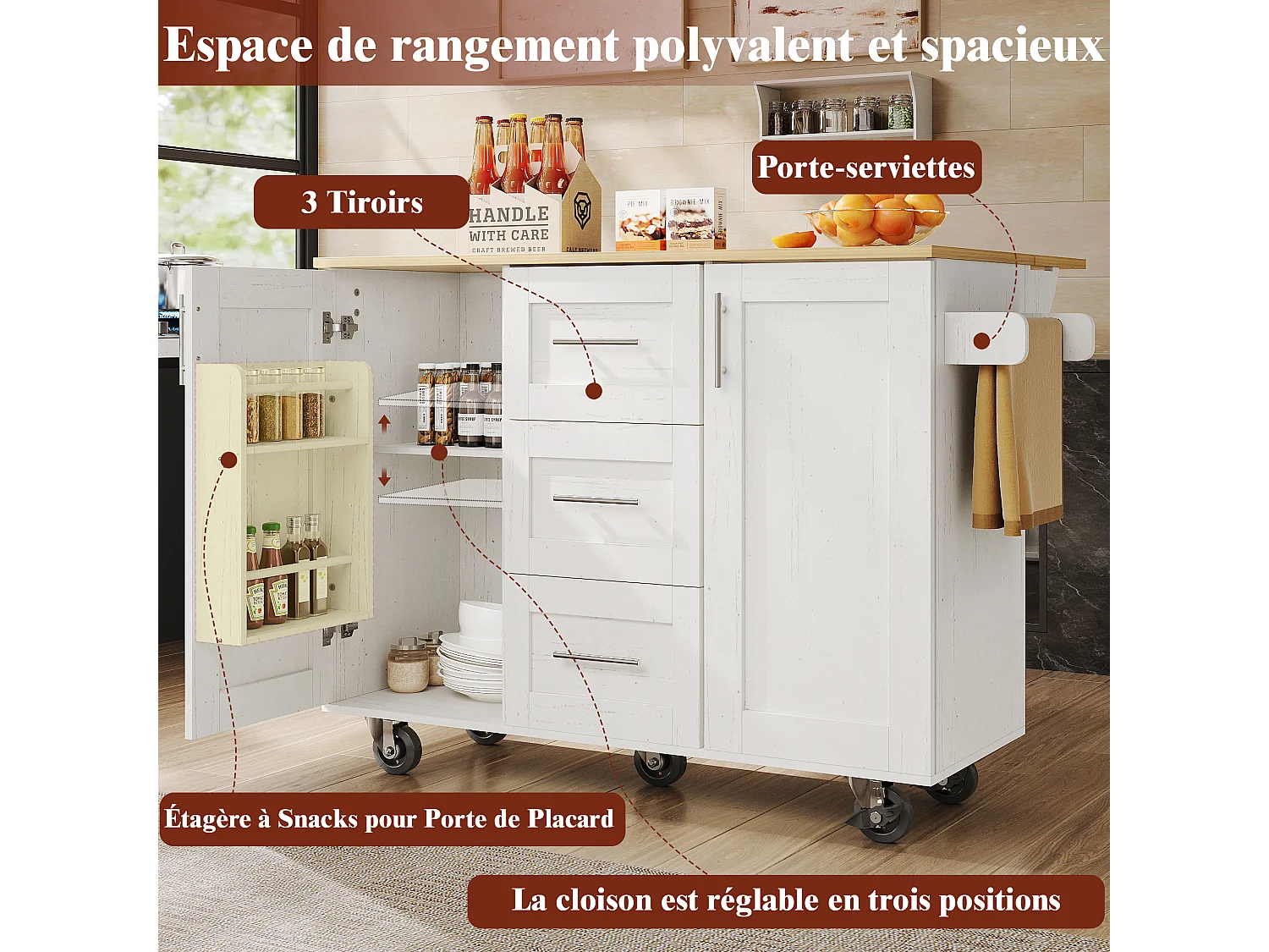 Îlot de cuisine avec plan de travail, compartiments réglables, roulettes amovibles, porte-serviettes latéral, bois naturel, blanc (135x46x86.6 cm)