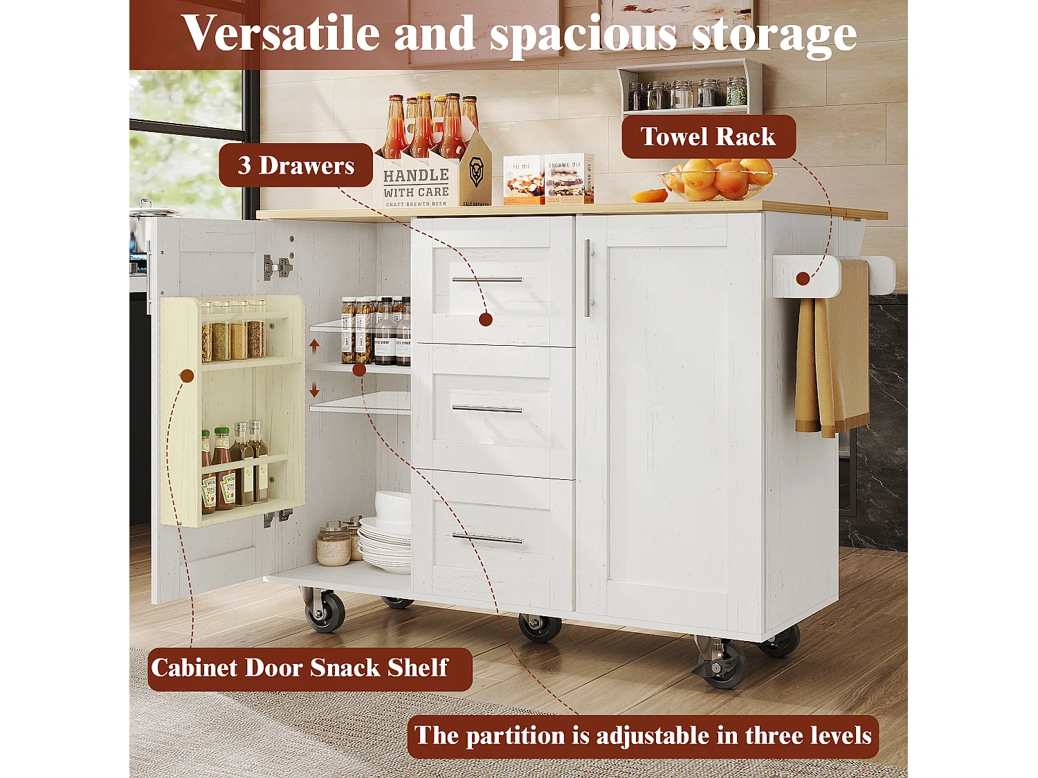 Îlot de cuisine avec plan de travail, compartiments réglables, roulettes amovibles, porte-serviettes latéral, bois naturel, blanc (135x46x86.6 cm)