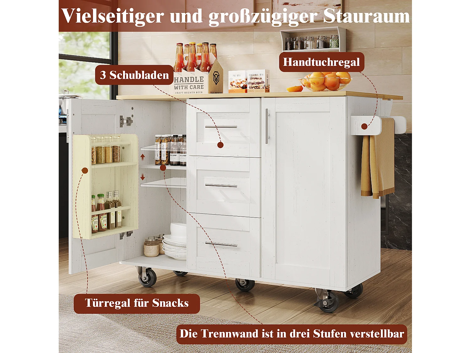 Îlot de cuisine avec plan de travail, compartiments réglables, roulettes amovibles, porte-serviettes latéral, bois naturel, blanc (135x46x86.6 cm)