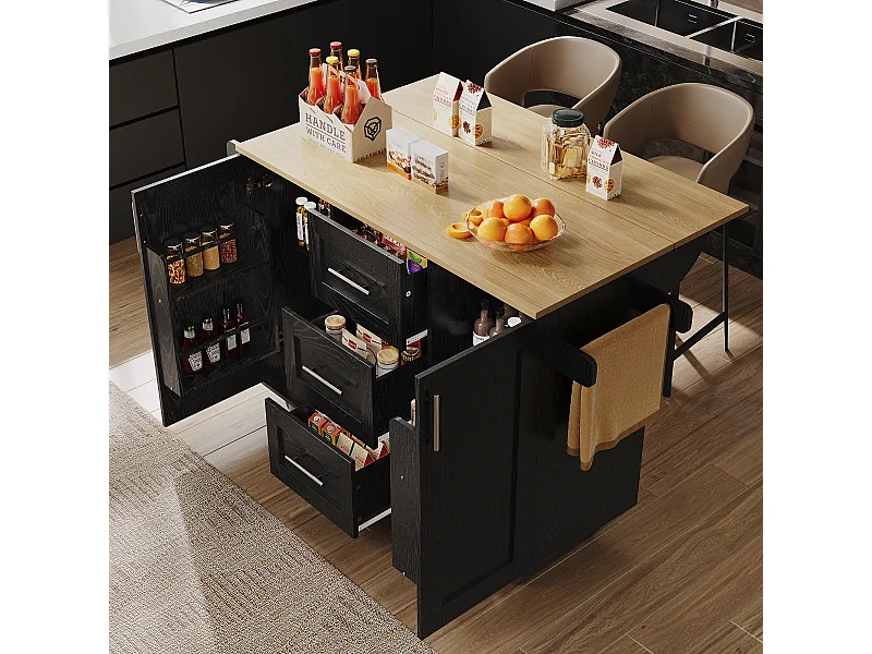 Isola cucina con piano di lavoro, divisori rimovibili, ruote e portasciugamani laterale, legno naturale, nero (135x46x86,6 cm)