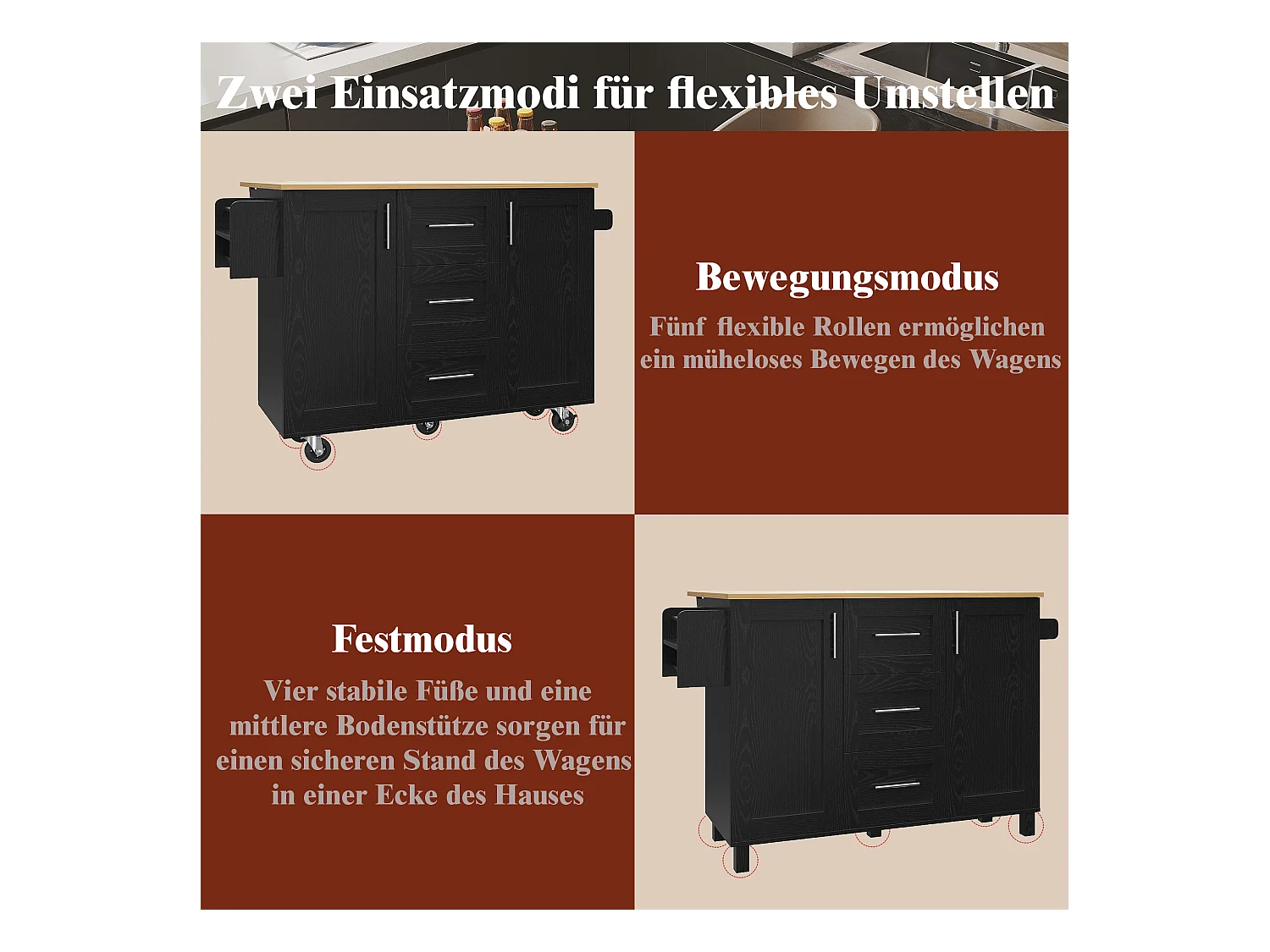 Isola cucina con piano di lavoro, divisori rimovibili, ruote e portasciugamani laterale, legno naturale, nero (135x46x86,6 cm)