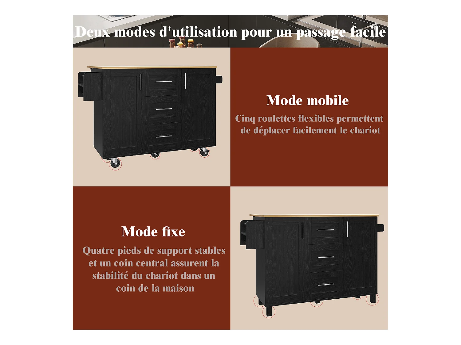 Isola cucina con piano di lavoro, divisori rimovibili, ruote e portasciugamani laterale, legno naturale, nero (135x46x86,6 cm)