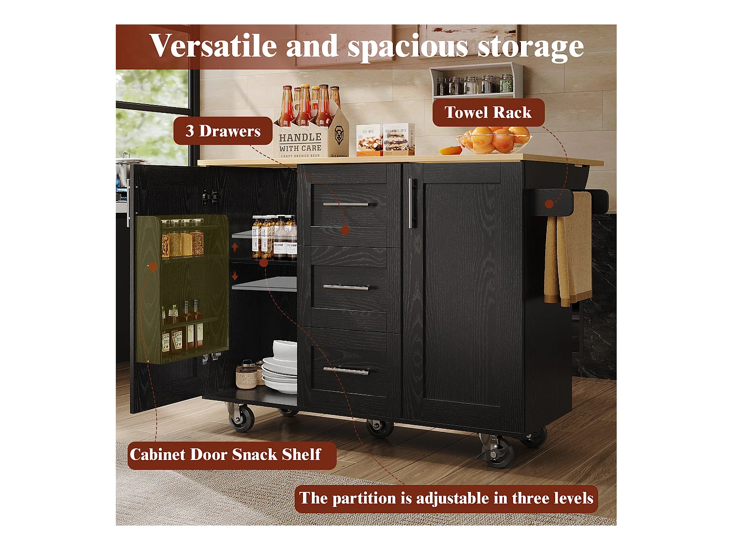 Isola cucina con piano di lavoro, divisori rimovibili, ruote e portasciugamani laterale, legno naturale, nero (135x46x86,6 cm)