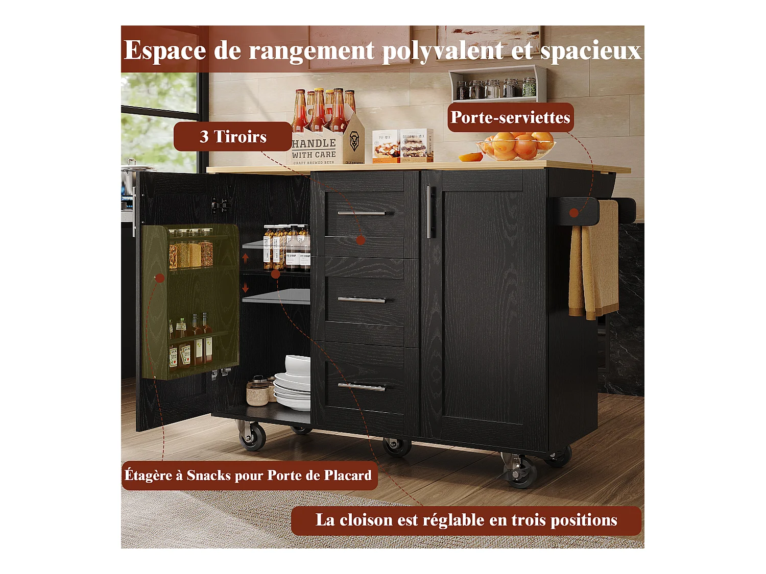 Isola cucina con piano di lavoro, divisori rimovibili, ruote e portasciugamani laterale, legno naturale, nero (135x46x86,6 cm)