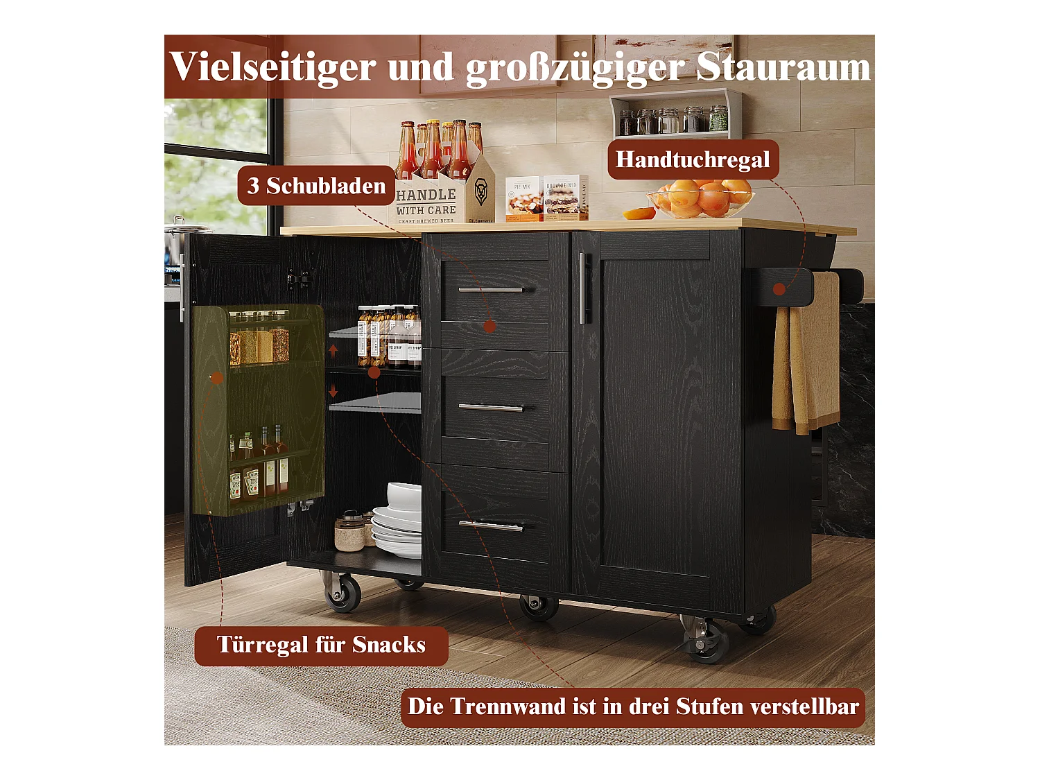 Isola cucina con piano di lavoro, divisori rimovibili, ruote e portasciugamani laterale, legno naturale, nero (135x46x86,6 cm)